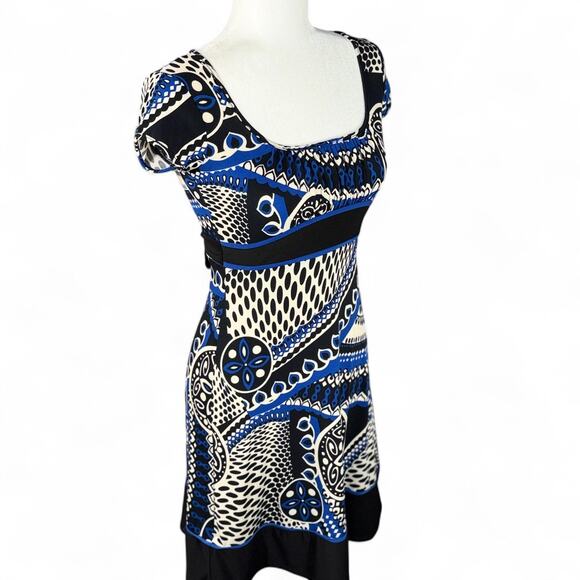 VTG Abstract Babydoll Dress Y2K Sash‎ Cap Sleeve Empire Milkmaid Blue Black 2 XS - Picture 8 of 10